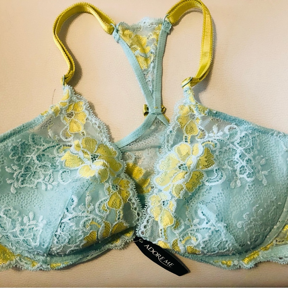 Adore Me Floral Lace Bralette in Light Blue and chartreuse- runs small